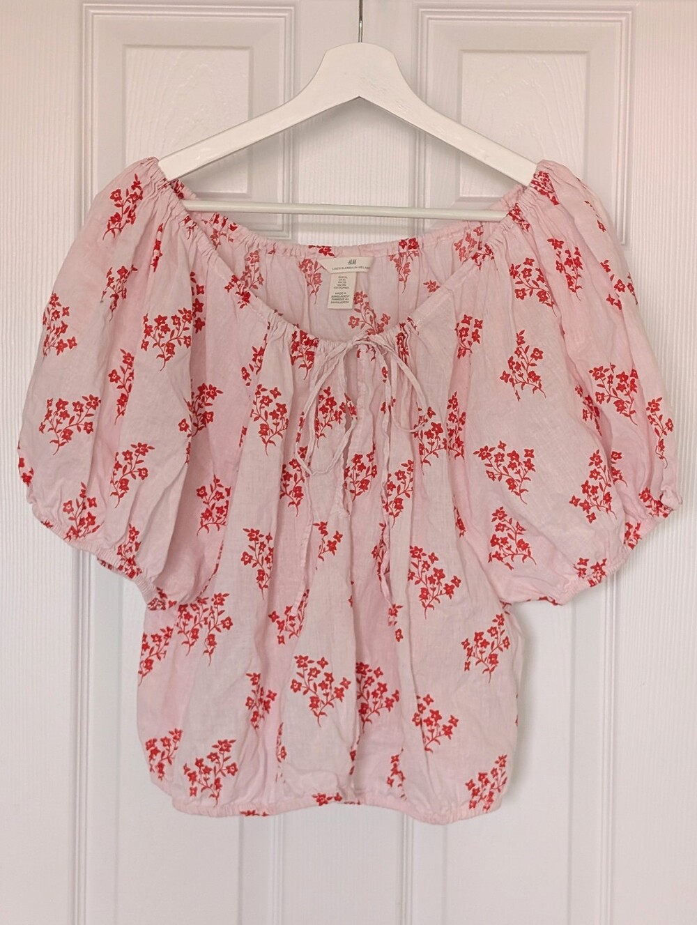 H&M Women's Pink and Red Floral Linen-Cotton Top Size XL